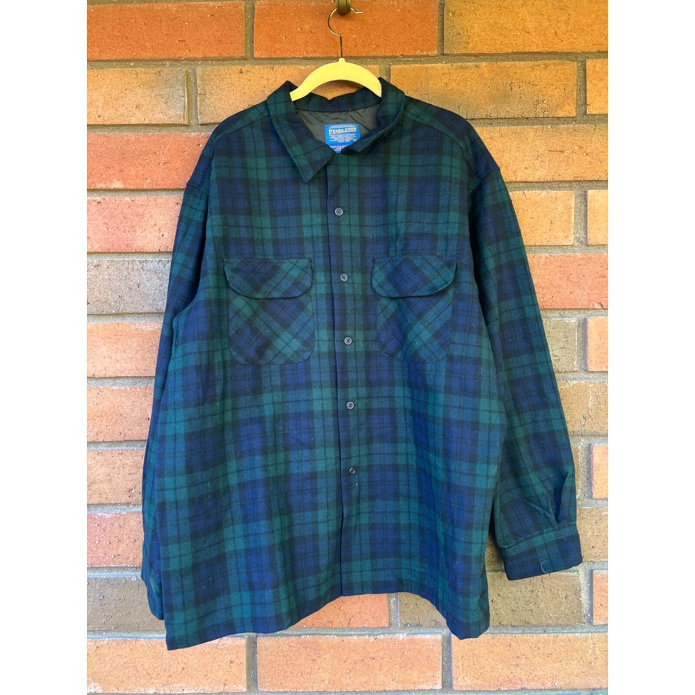 Pendleton Board Shirt‎ Plaid Wool Loop Collar Vintage | Green Blue | Mens XL